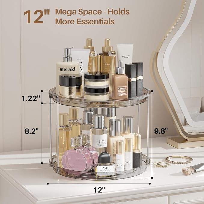 LAMU 2 Tier Lazy Susan Organizer 12 inch Large Lazy Susan Turntable Rotating Spice Rack Organization for Cabinet, Kitchen, Pantry, Countertop, Bathroom, Vanity, Medicine Cabinet Organizer, Grey