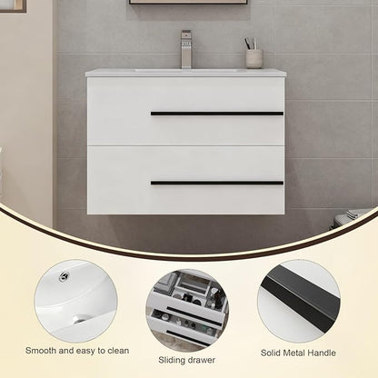 30 inch Floating Bathroom Vanity with Sink, Space Saving Fluted Design for Small Bathrooms, Soft Closing Drawers & Black Handles White