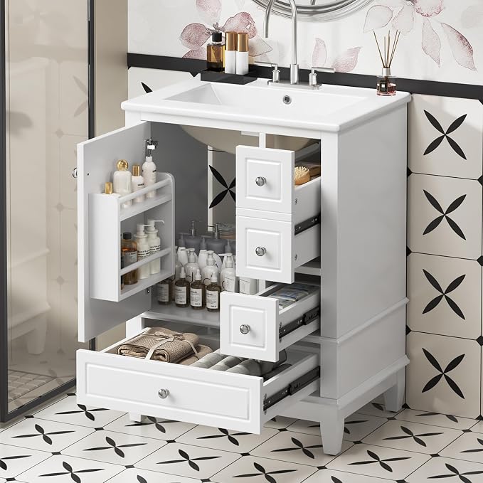 Bathroom Vanity with Ceramic Sink 24 Inch, Cabinet with One Door and Three Drawers, Soft-Closing Door, Solid Wood Legs, White