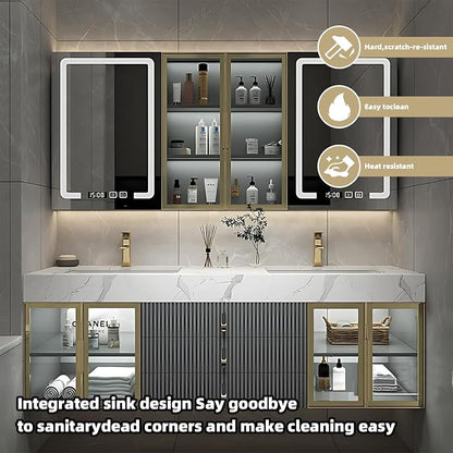 Double Bathroom Vanities with Sink, Floating Bathroom Vanity with LED Smart Defogging Mirror and Storage Cabinet, Modern Bathroom Sink Cabinet with One-Piece Sink and Countertop (Grey, 64")