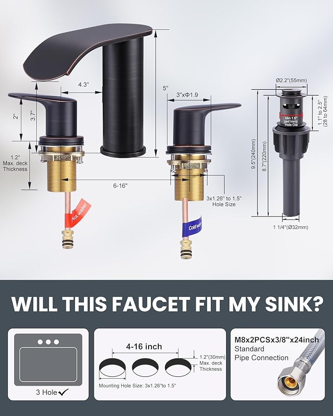 WOWOW Waterfall Bathroom Faucet 3 Holes 8Inch Widespread Bathroom Sink Faucet, Two Handles Lavatory Vanity Sink Faucets with Pop-up Drain & Supply Hoses, Modern Faucet Mixer Taps Oiled Rubbed Bronze