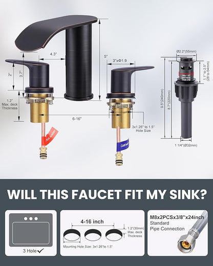 WOWOW Waterfall Bathroom Faucet 3 Holes 8Inch Widespread Bathroom Sink Faucet, Two Handles Lavatory Vanity Sink Faucets with Pop-up Drain & Supply Hoses, Modern Faucet Mixer Taps Oiled Rubbed Bronze