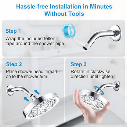 6" High Pressure Rain Shower Head, Luxury Polished Chrome Finish | 6 Inch Fixed Bathroom Showerhead, Adjustable Replacement, 90 Anti-Clog Nozzles, Removable Restrictor, Tool-Free Easy Install