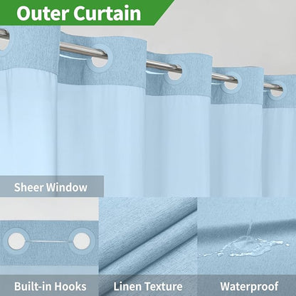 eachope No Hook Fabric Shower Curtain with Snap-in Liner,54x80 Fog Blue | Linen Texture,230GSM Thick Fabric,Hotel Luxury Decor,Mesh Window,Waterproof & Machine Washable,for Shower Stall or Bathroom