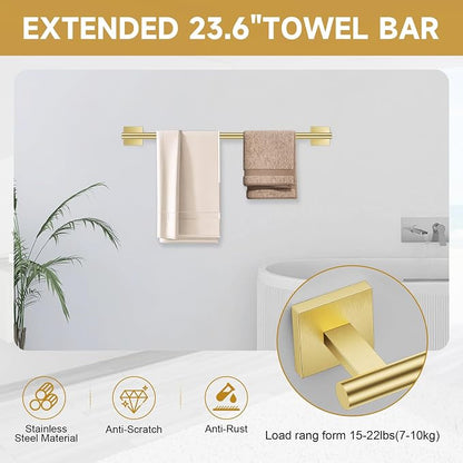 Brushed Gold Towel Bar Set, 5 Pieces Double Dase Toilet Paper Holder Bathroom Hardware Set, 23.6 Inch Stainless Steel Towel Racks for Bathroom Wall Mounted