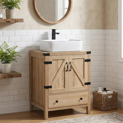 24 inch Natural Color Bathroom Vanity, Rustic Fixture Standing Pedestal Cabinet with White Ceramic Vessel Sink