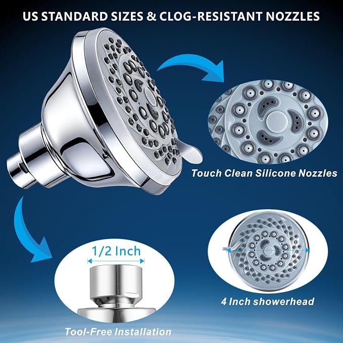 High Pressure Shower Head - 5 Spray Modes Powerful Pressure Boosting Showerhead For Bathroom - Perfect Universal Replacement for Rain Shower Heads(Chrome)