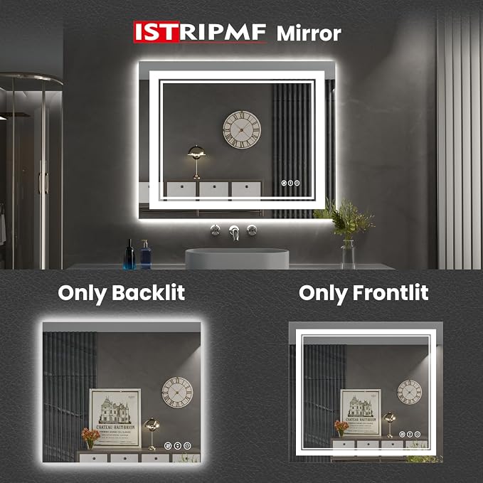 40x38 Inch LED Bathroom Mirror with Lights | Front and Backlit, 3 Colors, Dimmable, Memory, Anti Fog, Shatterproof, Horizontal/Vertical, Lighted Mirrors for Bathroom Wall