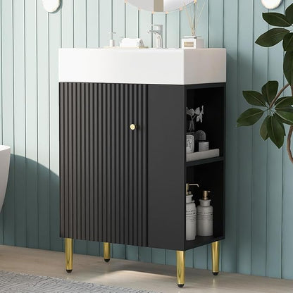 21.6 in Small Bathroom Vanity with Sink,Doors and Storage Shelves,Wood Modern Single Fluted Bathroom Sink Cabinet Freestanding (Black,Right Shelf)
