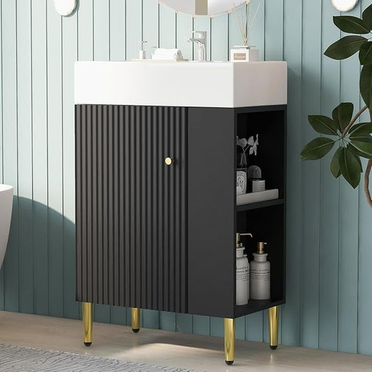 21.6 in Small Bathroom Vanity with Sink,Doors and Storage Shelves,Wood Modern Single Fluted Bathroom Sink Cabinet Freestanding (Black,Right Shelf)