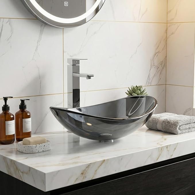Bathroom Boat Shape Artistic Glass Vessel Sink Free Chrome Faucet and Pop-up Drain Set, Bluish Grey