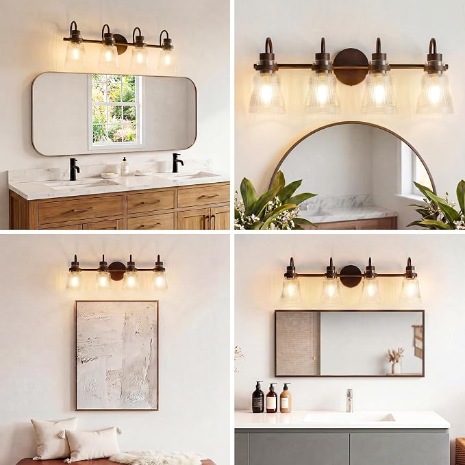 Vintage Farmhouse Vanity Wall Sconce Lighting, 4-Light Oil Rubbed Bronze Bathroom Vanity Light Over Mirror with Clear Striped Glass Shade, 25.7" Retro Wall Lamp for Bedroom Living Room