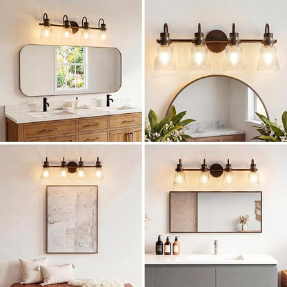 Vintage Farmhouse Vanity Wall Sconce Lighting, 4-Light Oil Rubbed Bronze Bathroom Vanity Light Over Mirror with Clear Striped Glass Shade, 25.7" Retro Wall Lamp for Bedroom Living Room