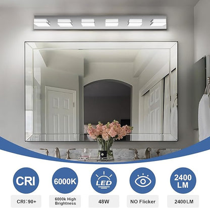 Modern LED Bathroom Lights Fixtures 6-Light,Stainless Steel Chrome Acrylic Wall Lighting,Vanity Lights for Bathroom Over Mirror 6000k 41in
