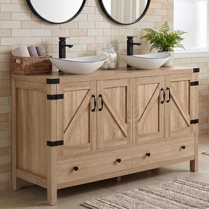 48 inch Natural Color Bathroom Vanity, Rustic Fixture Standing Pedestal Cabinet with Two White Ceramic Boat Sinks with Black Trim