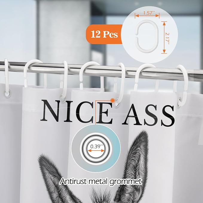 Funny Donkey Nice Ass Shower Curtain Gag Gift Farmhouse Decor Animal Black and White Novelty Sarcastic Rustic Bathroom Bath Decor Bathtub Curtain Fabric Shower Curtain Set with 12 Hooks, 72"x72"