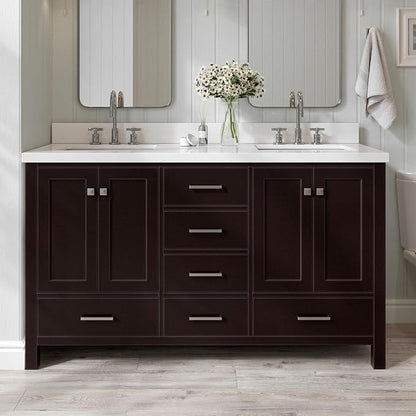ARIEL Cambridge 60-inch Bathroom Vanity with Sink,Solid Wood, 1.5-inch Pure White Quartz Countertop, Double Rectangular Porcelain Sink, 4 Soft Closing Doors, 6 Dovetail Drawers, Espresso