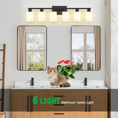 6-Light Bathroom Vanity Light Black, Matte Black Bathroom Light Fixture, Vanity Lights with Milky White Frosted Glass Shades, Wall Sconces Over Mirror for Makeup Living Room(Bulbs Not Included)