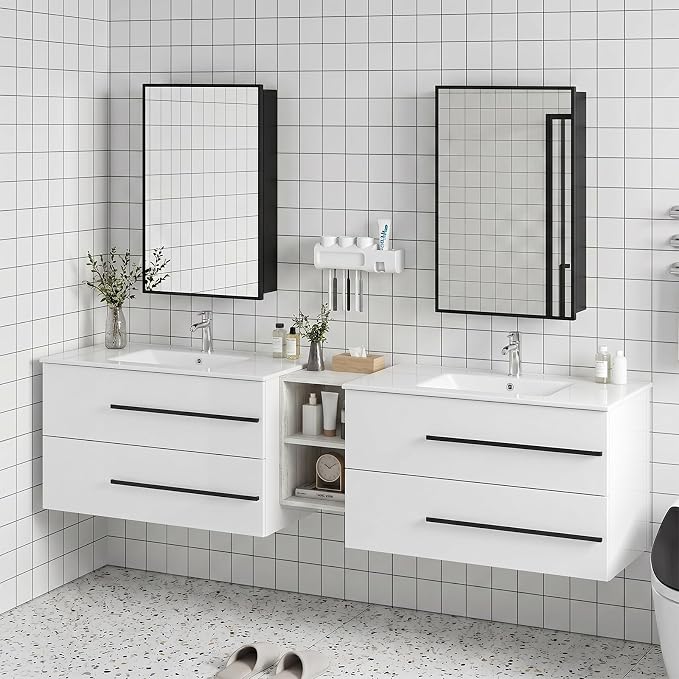 84 Inch Floating Double Sink Bathroom Vanity, Modern Bathroom Vanity with Double Sink, Wall Mounted Bathroom Vanity Cabinet with Large Storage Drawers,Open Storage Shelf, White
