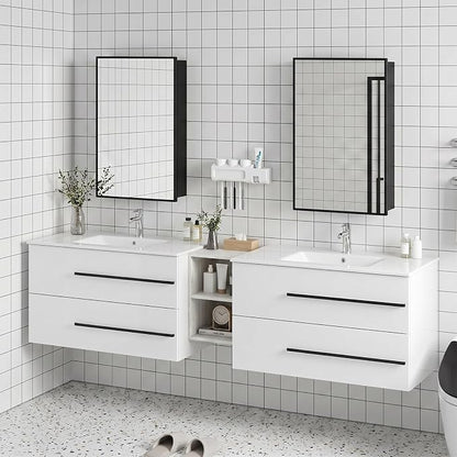 84 Inch Floating Double Sink Bathroom Vanity, Modern Bathroom Vanity with Double Sink, Wall Mounted Bathroom Vanity Cabinet with Large Storage Drawers,Open Storage Shelf, White