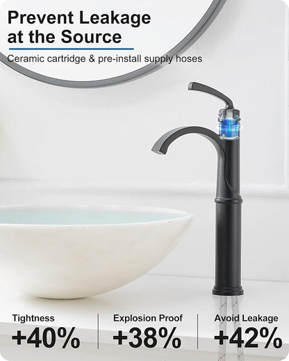 Waterfall Vessel Faucet, Tall Bathroom Faucet Black, Brass Vessel Sink Faucets Bathroom Sink Faucet One Hole Single Handle with Supply Hoses Pop-up Drain