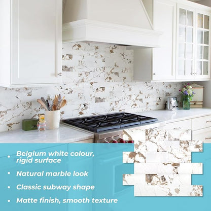 STICKGOO 10 Sheets Subway Tiiles Peel and Stick Backsplash, Belgium White | Stick on Kitchen Backsplash, Waterproof, Self Adhesive PVC Wall Tiles for Kitchen, Bathroom, Fireplace