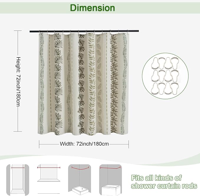 ORTIGIA Linen Shower Curtain with Metal Hooks,Sage Green Leaf Botanical Waterproof Natural Linen Bath Curtain for Rustic Farmhouse Bathroom Decor 72x72 Inch