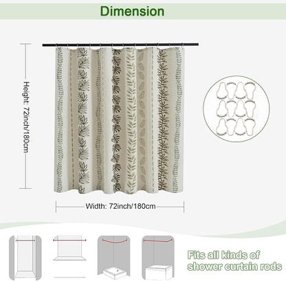ORTIGIA Linen Shower Curtain with Metal Hooks,Sage Green Leaf Botanical Waterproof Natural Linen Bath Curtain for Rustic Farmhouse Bathroom Decor 72x72 Inch