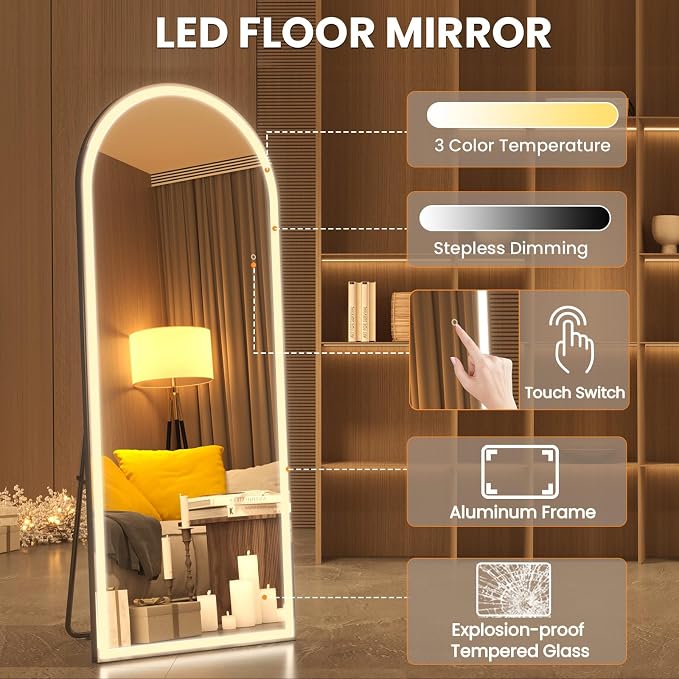 pertetey 81 x 34 in Arched LED Full Length Mirror, Black Frame | Dimmable, 3 Color Modes, Floor or Wall Mounted