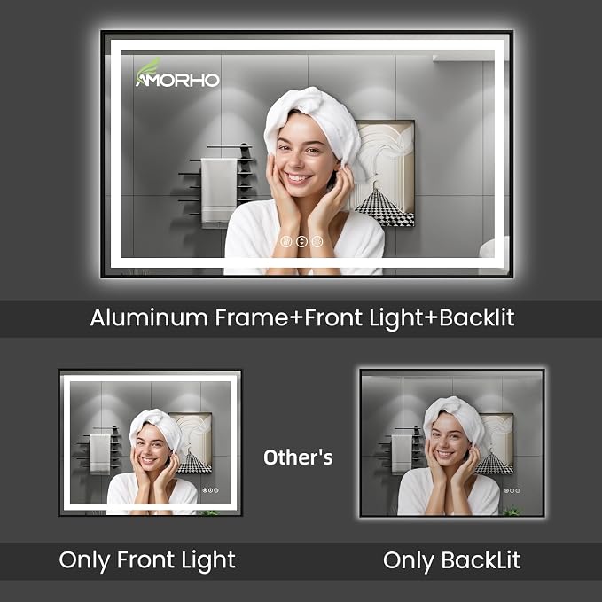 48"X32" LED Bathroom Mirror with Black Frame, Front Lit and Backlit | Metal Framed Mirror, Stepless Dimmable, HD Reflection, Anti-Fog, Shatter-Proof, Memory, 3 Colors Lighting, UL Listed.