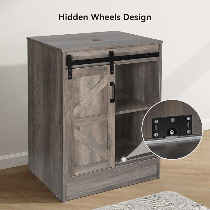 24" Farmhouse Bathroom Vanity with Sink, Bathroom Storage Cabinet with Sliding Barn Doors & Metal Handle, Freestanding Vanity with Tempered Brown Leaf Glass Vessel Sink Combo Set