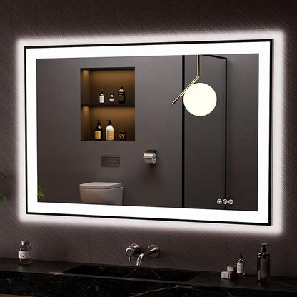 LOAAO 48"X32" LED Bathroom Mirror Black Framed | Anti-Fog, Dimmable, Memory Function, Tempered Glass, Lighted Vanity Mirror for Wall