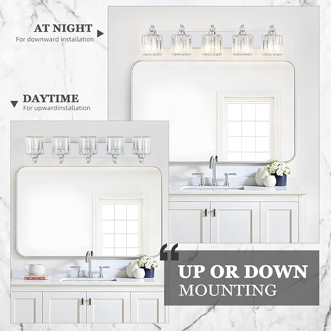 5-Light Modern Bathroom Light Fixture Chrome Vanity Lights Over Mirror Wall Sconce Lighting with K9 Crystal Shades Bathroom Wall Lamp E26 Base for Bedroom, Living Room, Hallway