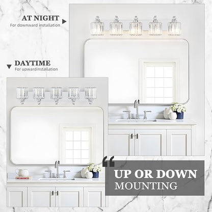 5-Light Modern Bathroom Light Fixture Chrome Vanity Lights Over Mirror Wall Sconce Lighting with K9 Crystal Shades Bathroom Wall Lamp E26 Base for Bedroom, Living Room, Hallway