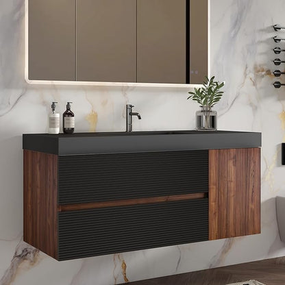 48 Inch Bathroom Vanity with Sink, Floating Bathroom Cabinet with 2 Soft-Closing Drawers & 1 Door, Large Storage for Apartment, Hotel, Walnut+Black, Black Sink(Already Assembled)