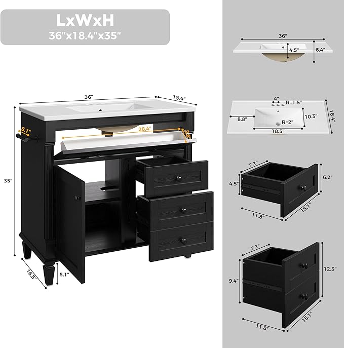 LIKIMIO 36 Inch Bathroom Vanity with Sink, Towel Holder & Adjustable Solid Wood Legs for Uneven Floor, Modern Bathroom Storage Cabinet with Tip-Out Drawer, 2 Drawers & Adjustable Shelf, Black