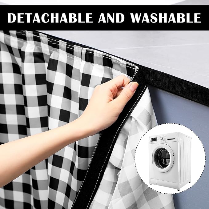 Fabric Sink Skirt Diamond Bathroom Stitch Self Stick Adhesive Waterproof Fabric Under Sink Curtain Skirt 55 x 32 Inch Adds Bathroom Storage(Black and White,Classic Style)