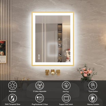 28x36 Inch LED Bathroom Mirror with Gold Frame | Gold Metal Frame, Front and Backlit, 3 Colors, Dimmable, Memory, Anti Fog, Tempered Glass, Lighted Mirror for Wall