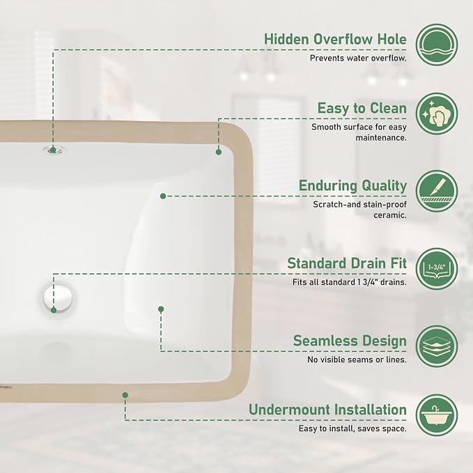 20x14 Inch White Rectangle Undermount Bathroom Sink | Interior Bowl Size 18"W x 12"D, Ceramic, Curved Bottom, Easy to Clean, with Overflow, Ideal for Bathroom, Lavatory