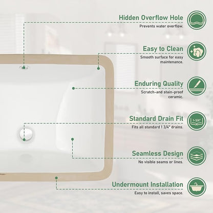 20x14 Inch White Rectangle Undermount Bathroom Sink | Interior Bowl Size 18"W x 12"D, Ceramic, Curved Bottom, Easy to Clean, with Overflow, Ideal for Bathroom, Lavatory