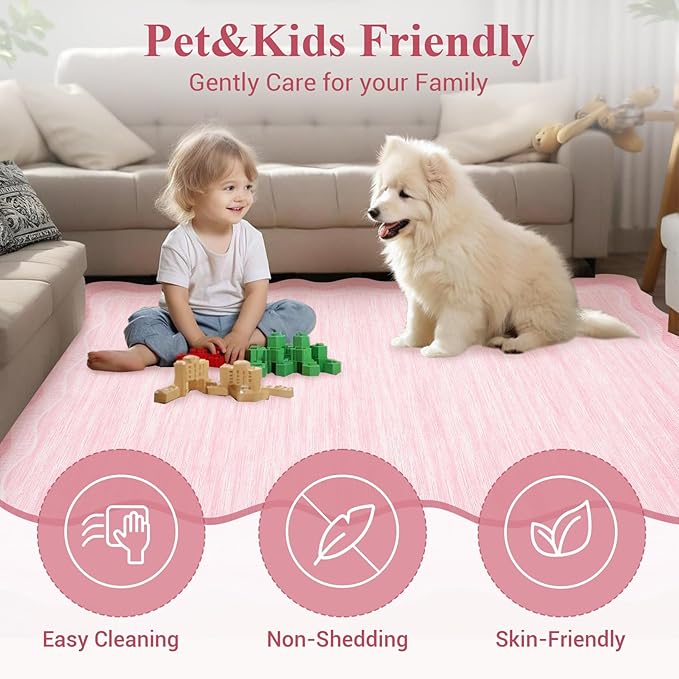 Garvee Pink Scalloped 10x13 Area Rugs for Girls Room Large Washable Rugs | Neutral Solid Rug Stain Resistant Non Slip Floor Mat Carpet Indoor Accent Rug for Bedroom Dining Room Playroom Home Decor