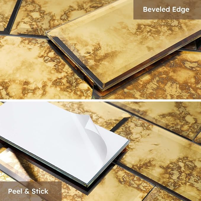 Peel and Stick Mirror Subway Tiles, Gold Antique, 3x6 Inch, 5 Sq.ft | Beveled Mirror Glass Subway Backsplash for Kitchen Bar Bathroom Wall Tile
