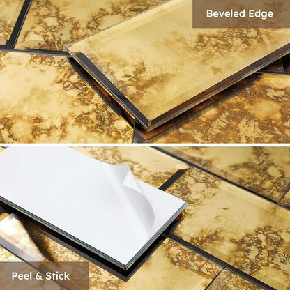 Peel and Stick Mirror Subway Tiles, Gold Antique, 3x6 Inch, 5 Sq.ft | Beveled Mirror Glass Subway Backsplash for Kitchen Bar Bathroom Wall Tile