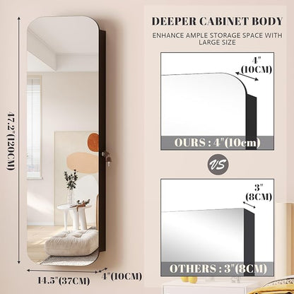 Vlsrka 47.2" Wall/Door Mounted Jewelry Cabinet Organizer Armoire W/Mirror | 6 LEDs, Over The Door Hanging Jewelry Organizer with Rounded Corner Mirror, Lockable Full Length Mirror with Storage, Black
