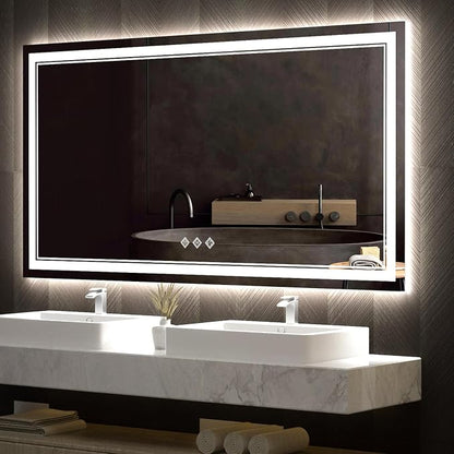 LED Bathroom Mirror, 60x32 Inch Gradient Front and Backlit Bathroom Mirror, 3 Colors Dimmable CRI>90 Double Lights, IP54 Enhanced Anti-Fog, Hanging Plates Wall Mount Lighted Mirror