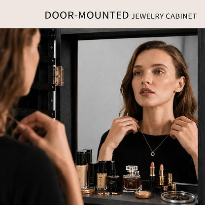 Lockable Jewelry Cabinet Organizer with Full Length Mirror, 6 Auto LED Lights, Wall & Over Door Mount Jewelry Armoire with Earring Slots, Necklace Hooks, Foldable Makeup Shelf
