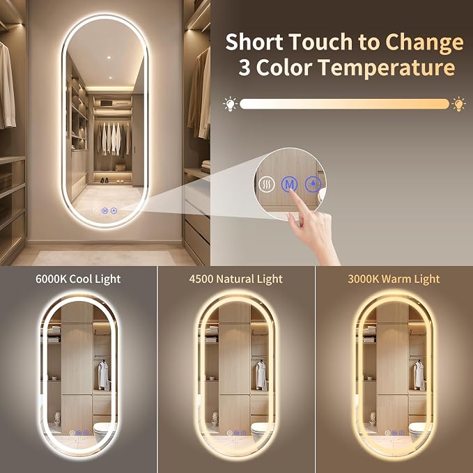 Oval LED Bathroom Mirror, 30"x 71" Led Full Length Mirror | Frameless Large LED Mirror with Front Light & Backlit, Anti-Fog, Dimmable Wall Mounted Lighted Mirror, Smart Bathroom Mirror
