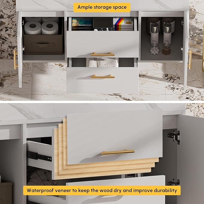 homary 39.4" Modern Floating Bathroom Vanity with Sink, Wall-Mounted Bathroom Vanity with Sintered Stone Countertop and 2 Drawers 2 Storage Cabinets, Undercounter Ceramic Sink Cabinet, White