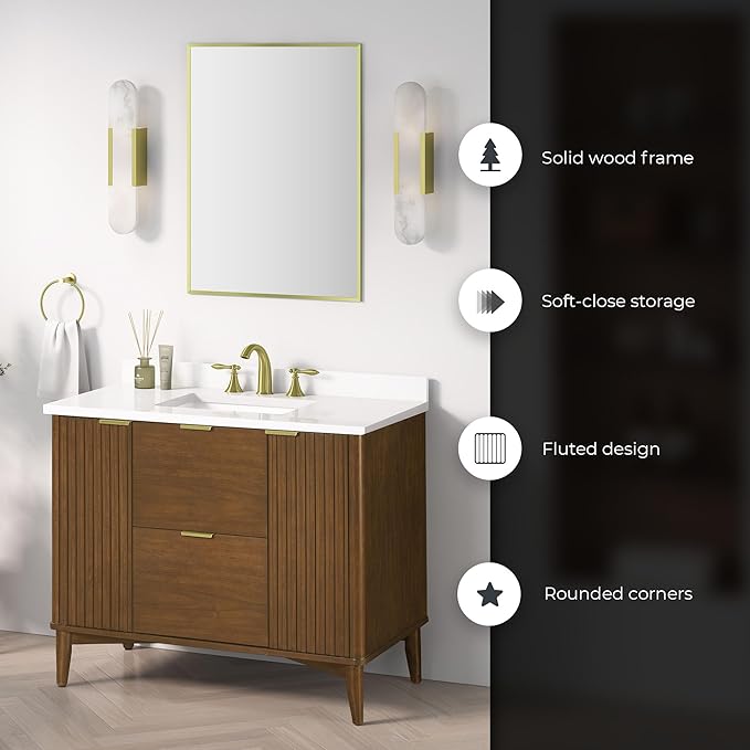 OVE Decors Indy 42 in. Undermount Single Sink Bathroom Vanity with White Engineered Marble Top, Warm Walnut