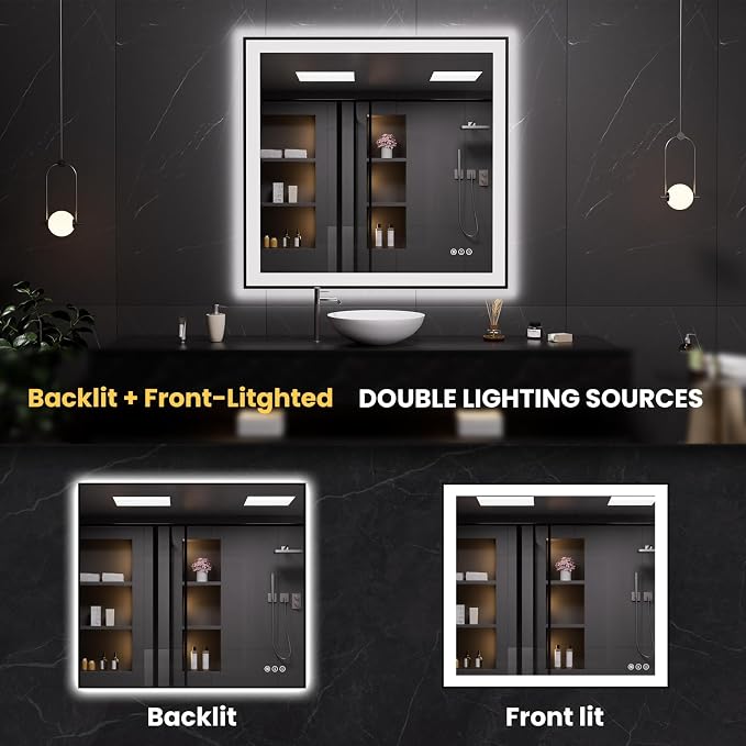 LOAAO 40"X38" LED Bathroom Mirror Black Framed | Anti-Fog, Dimmable, Memory Function, Tempered Glass, Lighted Vanity Mirror for Wall